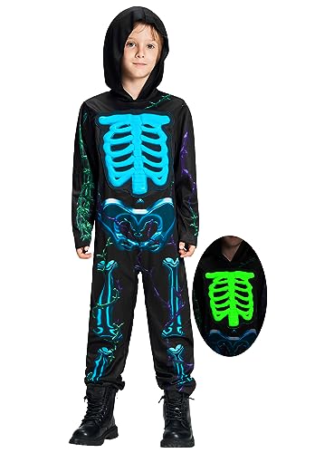 IKALI Kinder Leuchte im Dunkeln Skelett Kostüm Halloween Knochen Glow in the Dark Kapuzen Outfit Jungen Mädchen Schädel Anzug 4-6Jahre von IKALI