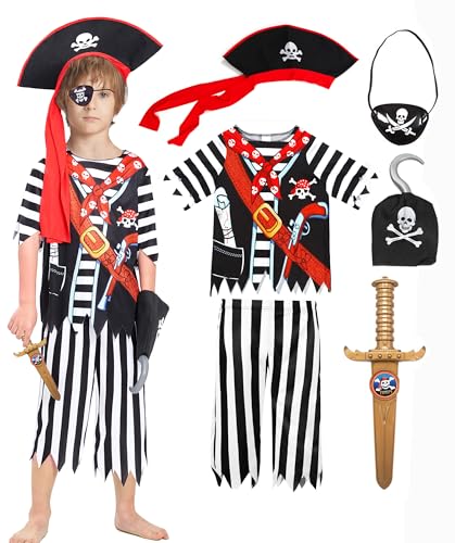 IKALI Kinder Piraten kostüme, Kleinkind Jungen Stripey High Seas Caribbean Buccaneer Kostüm Outfit für Party 8-10 Jahre von IKALI