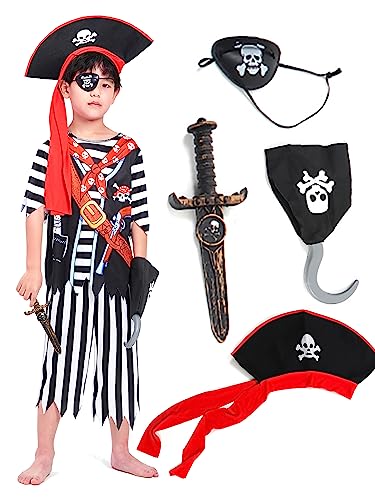 IKALI Kinder Piraten kostüme, Kleinkind Jungen Stripey High Seas Caribbean Buccaneer Kostüm Outfit für Party 8-10 Jahre von IKALI