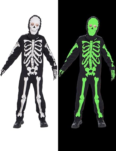 IKALI Kinder Skelett Kostüm Glühen in der Dunkelheit Halloween niedliche Knochen Fancy Kleid Outfit mit Schädel Maske 8-10 Jahre von IKALI