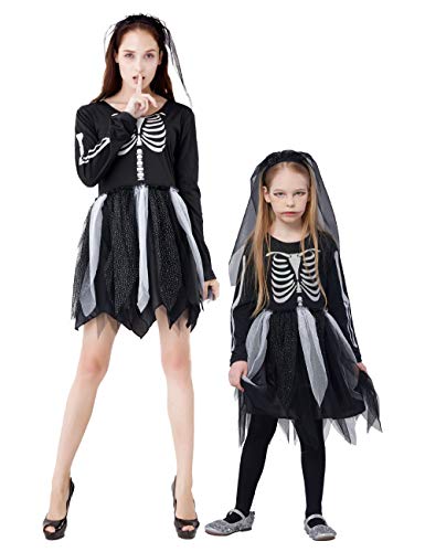 IKALI Kinder Skelett Kostüm, Mädchen Halloween Overall Kleid unheimlich Bekleidung Langarm für Karneval-Party, Welt-Buch-Tag 4-6Jahre von IKALI