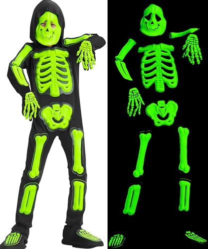 IKALI Kinder Skelett Kostüm Glow in the Dark Halloween 3D Knochen Kostüm leuchten im Dunkeln Kostümierung mit Kapuze und Maske 3-4Jahre von IKALI