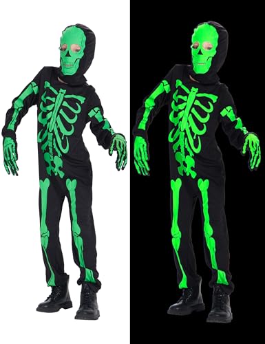 IKALI Kinder Skelett Kostüm Glow in the Dark Halloween 3D Knochen Kostüm leuchten im Dunkeln Kostümierung mit Kapuze und Maske 8-10 Jahre von IKALI