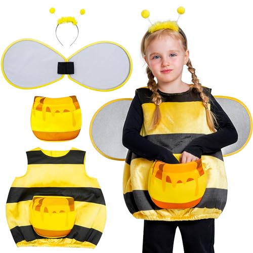 IKALI Kinder kostüm Hummel Halloween Fancy Dress Up Mädchen Buchwoche weste Kostüm mit Flügeln, Stirnband, Honigtasche, 4 Stück, 3–4 Jahre von IKALI