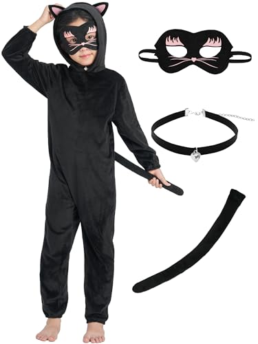 IKALI Kinder schwarze Katze Kostüm, 3-teilige Overall mit Kapuze Fancy Dress Up Outfit Jungen Mädchen Rollenspiel für Halloween Karneval Party 4-6 Jahre IKALI Kinder schwarze Katze Kostüm, 3-teilige Overall mit Kapuze Fancy Dress Up Outfit Jungen Mädchen Rollenspiel für Halloween Karneval Party 4-6 Jahre von IKALI