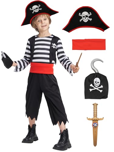 IKALI Kinderkostüm Pirat- 6 teiliges Piratenkostüm für Jungen, Karneval Halloween Party Outfit mit Augenklappe, Kopfband, Säbel, Haken 8-10 Jahre IKALI Kinderkostüm Pirat- 6 teiliges Piratenkostüm für Jungen, Karneval Halloween Party Outfit mit Augenklappe, Kopfband, Säbel, Haken 8-10 Jahre von IKALI