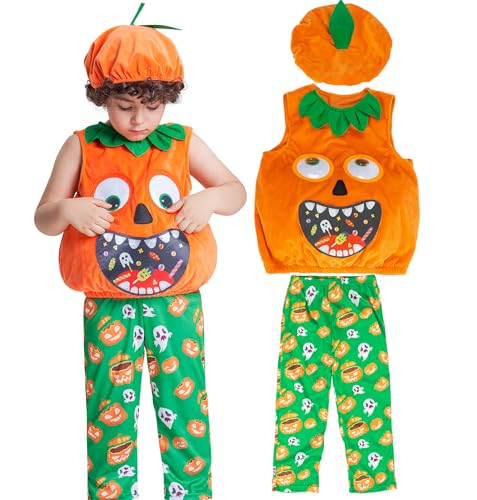IKALI Kleinkind Kinder Kürbis Kostüm Halloween Mädchen Jungen Maskerade Anzug mit Hut und Kann sich bewegende Augen 3-4 Jahre von IKALI