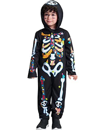IKALI Kleinkind Skelett mit Kapuze Jumpsuit Halloween Farb Knochen Schädel bedrucktes Kostüm Neuheit süßer Strampler für Mädchen Jungen 3-4 Jahre von IKALI