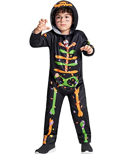 IKALI Kleinkind Skelett mit Kapuze Overall Mädchen Jungen 3D Druckfarbe Zuckerknochen Halloween Kostüm niedliche Schädel Neuheit Stresung für Kinder 4-6 Jahre von IKALI