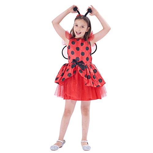IKALI Ladybug kostüm kinder mädchen, Marienkäfer Tierischeskleid Ballerina Tutu Rock für Karneval Fasching mit Flügel, Stirnband 7-8 Jahre von IKALI