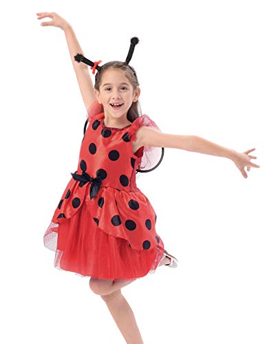 IKALI Ladybug kostüm kinder mädchen, Marienkäfer Tierischeskleid Ballerina Tutu Rock für Karneval Fasching mit Flügel, Stirnband 7-8 Jahre von IKALI