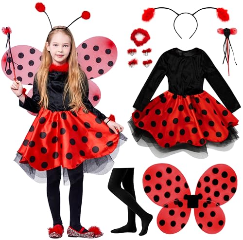 IKALI Marienkäfer Kostüm Kinder, Mädchen Ladybug Kostüm Tierischeskleid Ballerina Tutu Rock für Karneval Partei Rollenspiele mit Flügeln, Zauberstab 10 Stücke Set (Luxuriöser Rock, 8-10 Jahre) von IKALI