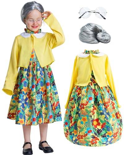 IKALI Mädchen Oma Kostüm Kinder Alte Dame Outfit für den 100. Schultag mit Cape Perücke Gläser 4 Stück 4-6 Jahre von IKALI