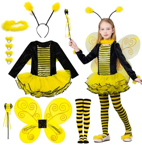 IKALI Mädchen Bienenkostüm, Biene Kostüm Kinder Deluxe Tier Kostüm Outfit mit Flügeln, Zauberstab für Karneval Geburtstag Partei (10er Set) 3-4 Jahre von IKALI