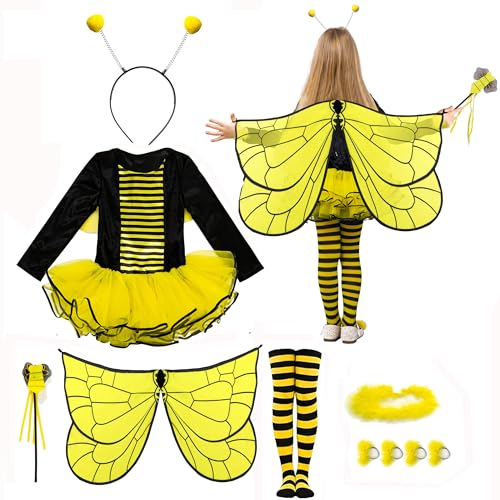 IKALI Mädchen Bienenkostüm, Biene Kostüm Kinder Deluxe Tier Kostüm Outfit mit Flügeln, Zauberstab für Karneval Geburtstag Partei (10er Set) 9-10 Jahre von IKALI