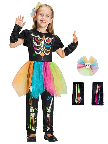 IKALI Mädchen Farbe Skelett Kostüm Halloween Knochen Kostüm mit Mesh Rock Arm Cover Haarspangen 3Stück 4-6Jahre von IKALI