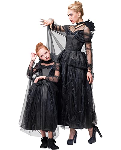 IKALI Mädchen Hexe Schwarz Kostüm Halloween Magic Tutu Kleid Kinder Luxus Kostüm Kleid mit Umhang 10-12 Jahre von IKALI