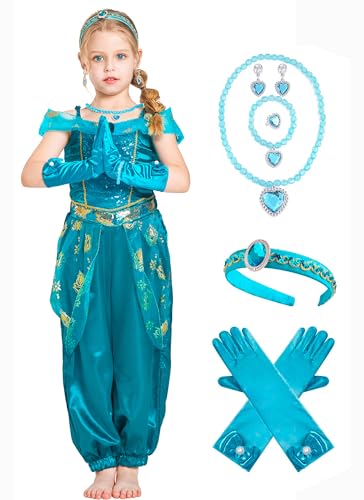 IKALI Kinder Jasmin Kostüm Mädchen Prinzessin Fancy Dress Outfit für Halloween Weihnachten Fasching Karneval Party mit Stirnband Handschuh Halskette 3-4 Jahre von IKALI