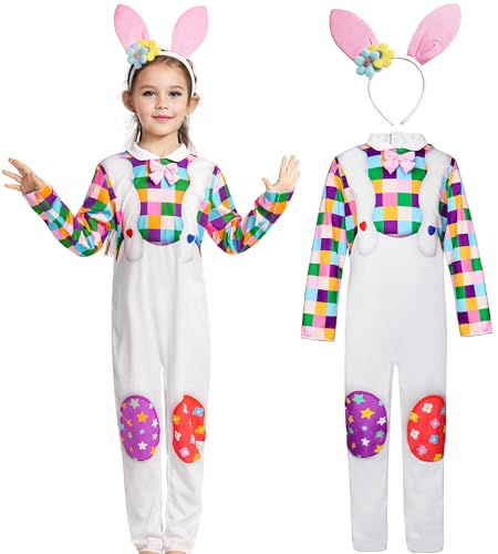 IKALI Kinder Osterhase Kostüm, Kaninchen Fancy Dress Outfit Tier Overall Onesie mit Stirnband für Mädchen Karneval Ostern Party 3-4 Jahre von IKALI