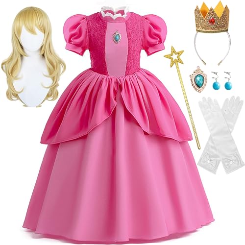 IKALI Kinder Peach Kostüm, Mädchen Prinzessin Fancy Dress Outfit Super Bros Rosa Kleid für Karneval Geburtstag Party mit Stirnband Ohrringe Handschuhe Zauberstab Brosche & Perücke 7 Stück 4-6Jahre von IKALI