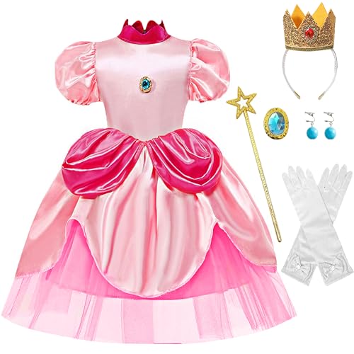 IKALI Mädchen Peach Kostüm Super Bros Prinzessin Fancy Dress Up Outfit für Karneval Rollenspiel 10-12Jahre von IKALI