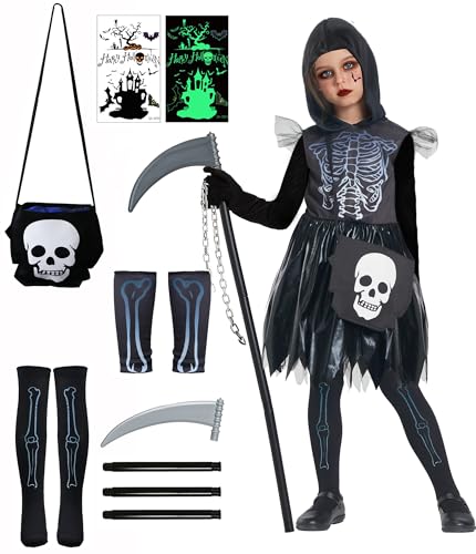 IKALI Sensenmann Kostüm Mädchen Halloween Tod Skelett Mit Aufkleber, Taschen, Socken, Armschutz, Sicheln 3-4 Jahre von IKALI