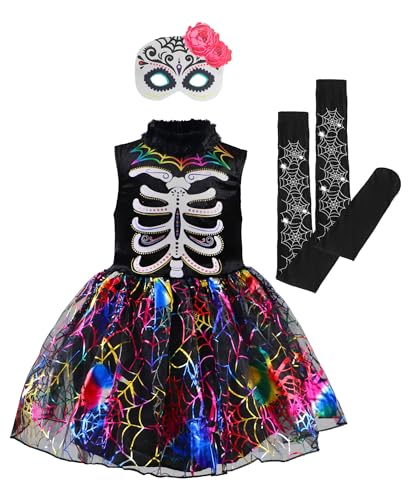 IKALI Mädchen Spinne Skelett Kostüm, Halloween Regenbogen Knochen Verrücktes Kleid Magie Hexe Outfit mit Accessoires 7-8 Jahre IKALI Mädchen Spinne Skelett Kostüm, Halloween Regenbogen Knochen Verrücktes Kleid Magie Hexe Outfit mit Accessoires 7-8 Jahre von IKALI