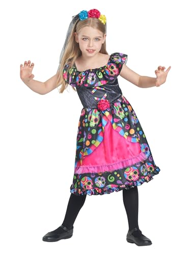 IKALI Mädchen Tag der Toten Kostüm Halloween Skelett gedruckt Fancy Dress Up Outfit mit Mesh Stirnband 4-6 Jahre von IKALI