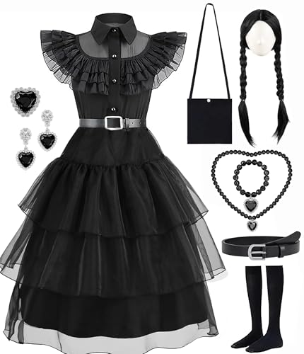 IKALI Kinder Wednesday Kostüm, Mädchen Fancy Dress Up Outfit Schwarz Tutu Kleid für Karneval Geburtstag Party mit Gürtel Perücke Tasche Strümpfe 9 Stücke 3-4 Jahre von IKALI