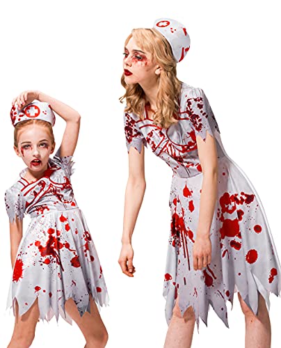 IKALI Mädchen Zombie Blutige Krankenschwester Kostüm Halloween Kinder Walking Dead Outfit Krankenhaus Uniform 3 Stück 10-12 Jahre von IKALI