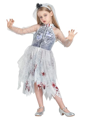 IKALI Mädchen Zombie Braut Kostüm Halloween Luxus Fancy Dress 3D Knochen Blut Handabdruck Outfit mit Stirnband 4-6Jahre von IKALI