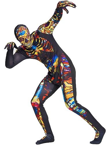 IKALI Halloween Skelett Kostüm, Herren Farbe Knochen Outfit Horror 2nd Skin Bodysuit mit Kapuze Maske L-XL von IKALI