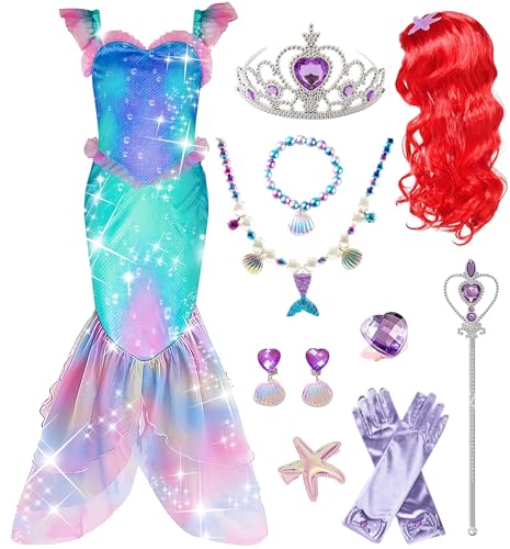 IKALI Meerjungfrau Kostüm Kinder, kleine Mädchen Fancy Dress Outfit, Meerjungfrau Kleid für Halloween Karneval Geburtstag Party 7-8 Jahre von IKALI
