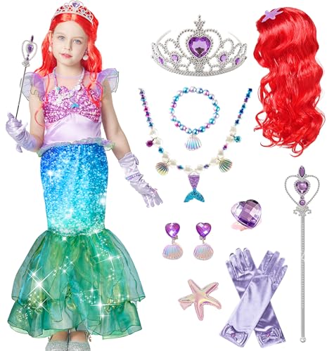 IKALI Meerjungfrau Kostüm Kinder, kleine Mädchen Fancy Dress Outfit Meerjungfrau Tutu Kleid für Halloween Karneval Geburtstag Party 7-8 Jahre von IKALI
