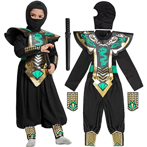 IKALI Kinder Ninja Kostüm, Dragon Ninja Kostüm Grüner Kung Fu Outfit mit Deluxe-Zubehör, Schaumstoff Zubehör, Hut, Handgelenk, Samurai-Schwert 5 Stück für Karneval Halloween Rollenspiel 3-4 Jahre von IKALI