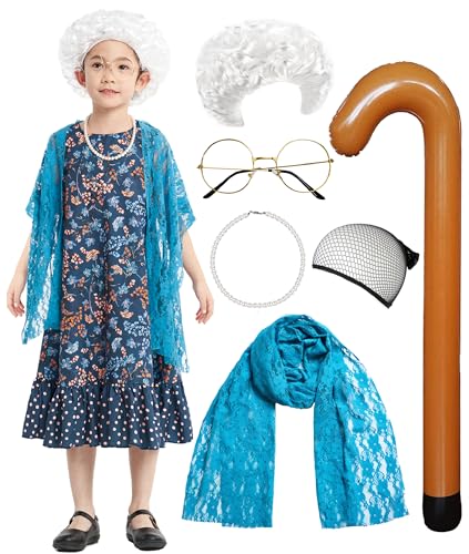 IKALI Oma Kostüm Kinder, Mädchen Old Lady Kostüm, Elegant Granny Kleid mit Halsketten Brillen Perücken Schals Spazierstock (7er Set) für Karneval Halloween 4-6Jahre von IKALI