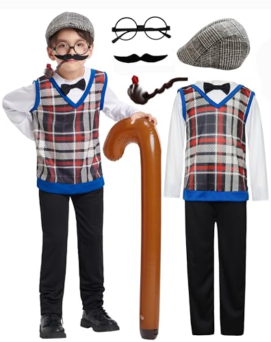 IKALI Opa Kostüm Kinder, Alter Mann Fancy Dress Outfit für Karneval Halloween Party Großvater Onesie mit Brillen Hut Schnurrbart Spazierstock 6 Stücke 4-6Jahre von IKALI