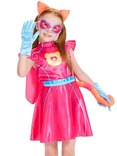 IKALI Pinkes Kätzchen-Kostüm für Kinder, Mädchen, Halloween-Superhelden-Katzen-Kostüm mit Umhang von IKALI