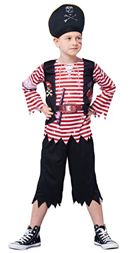 IKALI Pirat kostüm für Kinder Jungen, Schädel Gekreuzte Knochen Gestreiften Karibik Freibeuter Outfit, Captain Jack Spiel Spielen Anzug von IKALI