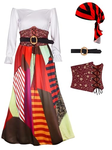 IKALI Piratenkostüm für Damen, Renaissance-Kleid mit Korsettgürtel, Piraten-Kopftuch, Mehrfarbig, L IKALI Piratenkostüm für Damen, Renaissance-Kleid mit Korsettgürtel, Piraten-Kopftuch, Mehrfarbig, L von IKALI