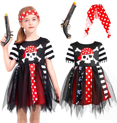 IKALI Piratenkostüm für Mädchen mit Pistole, Halloween Buch Charakter Geschenk Party Dress Up Outfit Captain Pretend Role Buccaneer Play 98/104 von IKALI