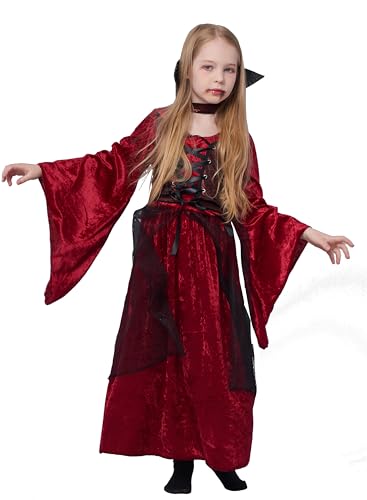 IKALI Vampir Kostüm Kinder Mädchen, Gothic Kurz Königin Kapuzen Robe mit Kragen für Halloween 4-6Jahre von IKALI
