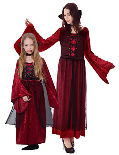 IKALI Vampir Kostüm Kinder Mädchen, Gothic Kurz Königin Kapuzen Robe mit Kragen für Halloween 7-8Jahre von IKALI