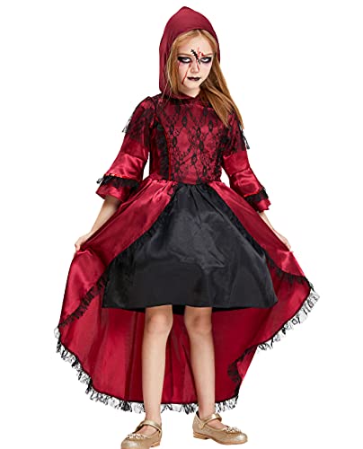 IKALI Viktorianisches Vampir Kostüm Mädchen Kapuze rotes Kleid Kleinkind Phantasie Outfit für Halloween Royal Party 7-8 Jahre von IKALI