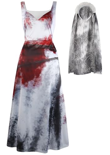 IKALI Zombie-Braut-Kostüm für Damen, Halloween-Outfit, Geister-Leichtkleid, blutige Braut, Größe S von IKALI