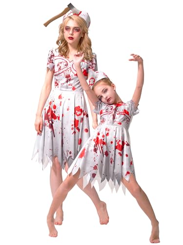 IKALI Zombie Krankenschwester Kostüm für Damen Blutiger Horror Anzug für Erwachsene Mama und ich Krankenhausarbeiteruniform für Halloween Schicke Party 3 Stück M(40-42) von IKALI