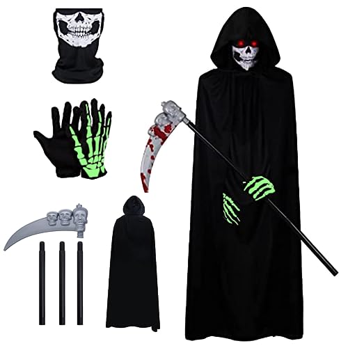 IKIJM Sensenmann Kostüm Karneval Umhang - Erwachsene Schädelmaske Sense Skelett Handschuhe Sensenmann Umhang mit Kapuze - Karneval Dekoration Kostüm Halloween Kostüm Set Cosplay IKIJM Sensenmann Kostüm Karneval Umhang - Erwachsene Schädelmaske Sense Skelett Handschuhe Sensenmann Umhang mit Kapuze - Karneval Dekoration Kostüm Halloween Kostüm Set Cosplay von IKIJM