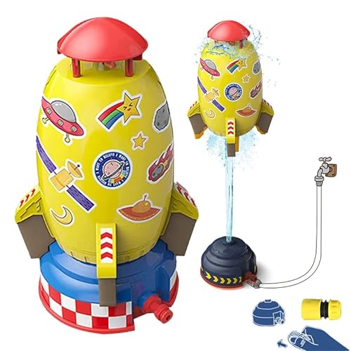 IKIJM Wasserspielzeug Kinder, Wassersprinkler mit bis zu 4 Meter hohem Strahl, Gartensprinkler für Kinder in Weltraumrakete - Schnittstelle mit versiegeltem Bode, für Kinder ab 3 Jahren (Yellow) von IKIJM