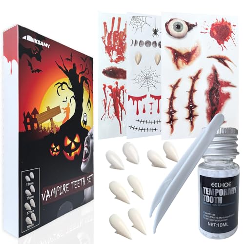 Vampirzähne für Erwachsene Set - 4 Größen Falsche Zähne + 3 Gesichtstattoos mit Blut, inkl. 1x Zahnkleber | Horror Cosplay Party Zubehör, Grusel Schminke Accessoires für Halloween Fasching Karneval von IKSAMY