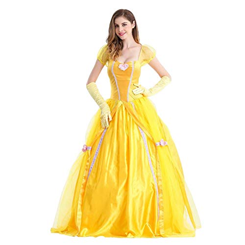 Damen Belle Kleid Erwachsene Hochzeit Festlich Partykleid T?ll Maxikleid kleid mit Handschuhe Prinzessin M?rchen Verkleiden Halloween Weihnachten Karneval Cosplay Klassisches Deluxe Kost?m Gelb L von IMEKIS